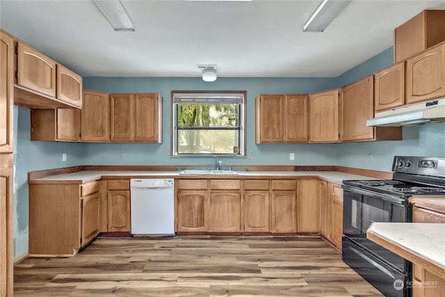 kitchen featuring sink, light hardwood / wood-style flooring, dishwasher, light brown cabinetry, and black range with electric cooktop