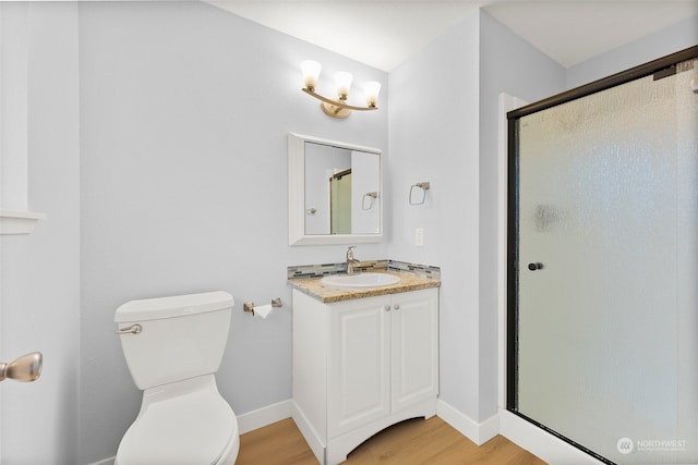 bathroom featuring vanity, wood-type flooring, a shower with shower door, and toilet