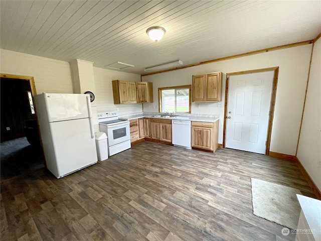 kitchen featuring white appliances, dark wood-style floors, light countertops, light brown cabinetry, and a sink