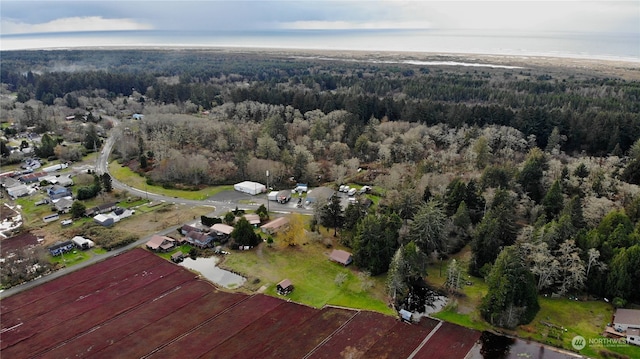 drone / aerial view featuring a wooded view