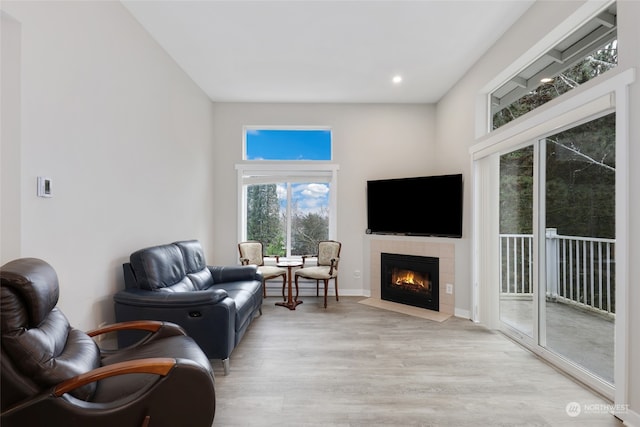 living room featuring a tiled fireplace and light hardwood / wood-style flooring