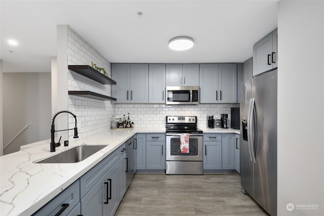 kitchen with backsplash, light wood-type flooring, light stone counters, stainless steel appliances, and sink