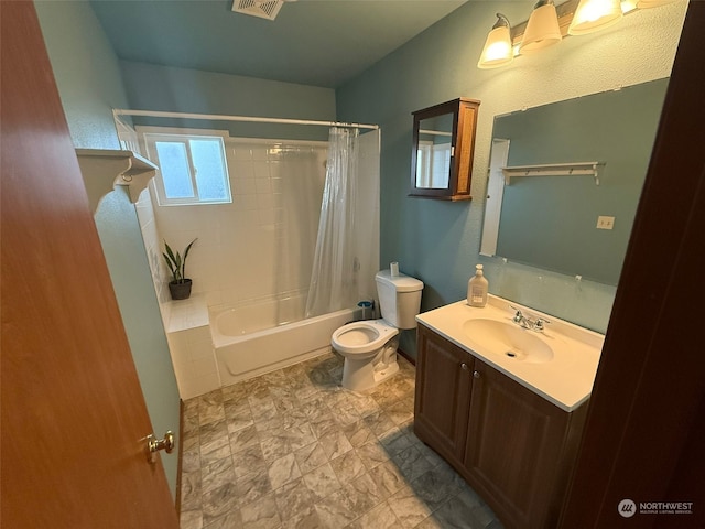 full bathroom with toilet, vanity, and shower / tub combo with curtain