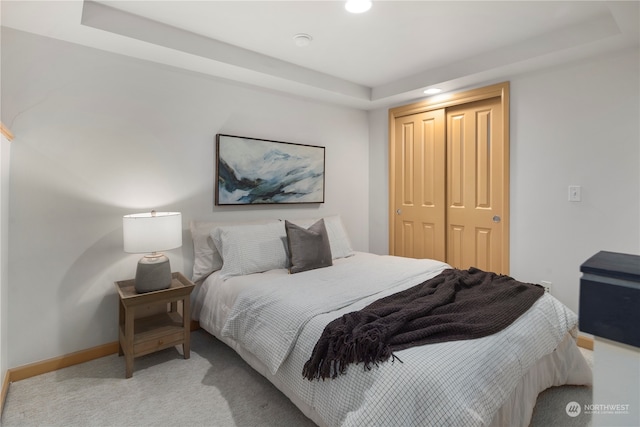 bedroom with a tray ceiling, a closet, and carpet