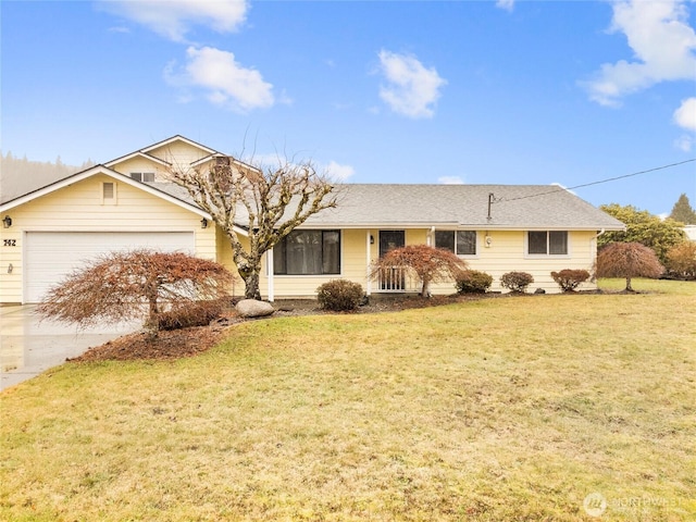 ranch-style house featuring concrete driveway, an attached garage, and a front lawn