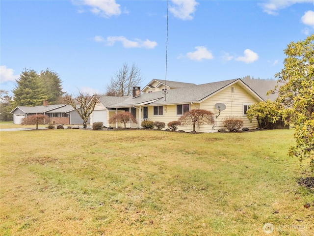 ranch-style house with a chimney and a front lawn