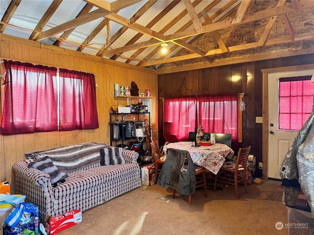 living room with vaulted ceiling and wooden walls