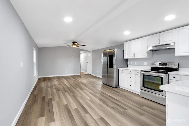 kitchen featuring white cabinets, appliances with stainless steel finishes, light hardwood / wood-style flooring, and ceiling fan