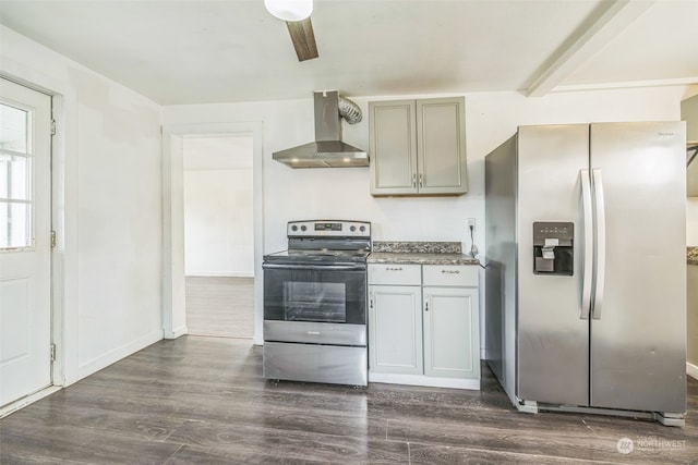 kitchen featuring stainless steel appliances, wall chimney range hood, dark hardwood / wood-style flooring, beamed ceiling, and gray cabinets