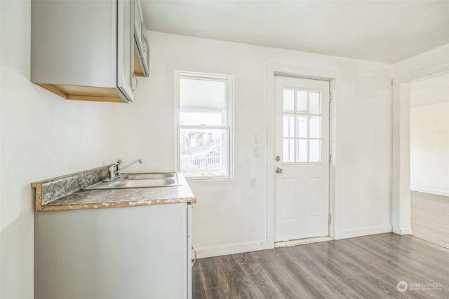 kitchen with gray cabinets, sink, and dark wood-type flooring