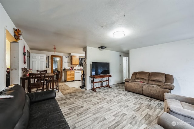 living room featuring light hardwood / wood-style floors and a textured ceiling