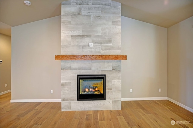 room details with hardwood / wood-style flooring and a multi sided fireplace