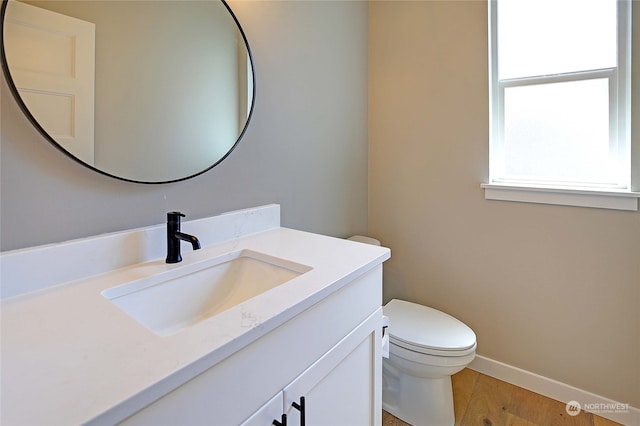 bathroom featuring vanity, hardwood / wood-style flooring, and toilet