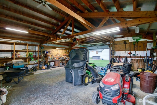 garage with a workshop area