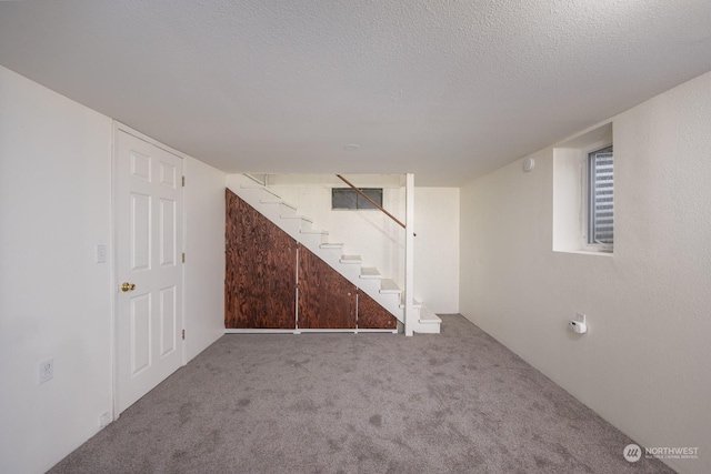 basement featuring carpet and a textured ceiling