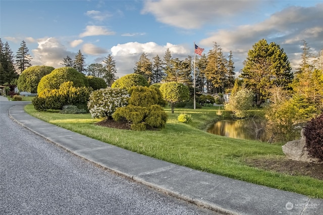 view of property's community with a yard and a water view