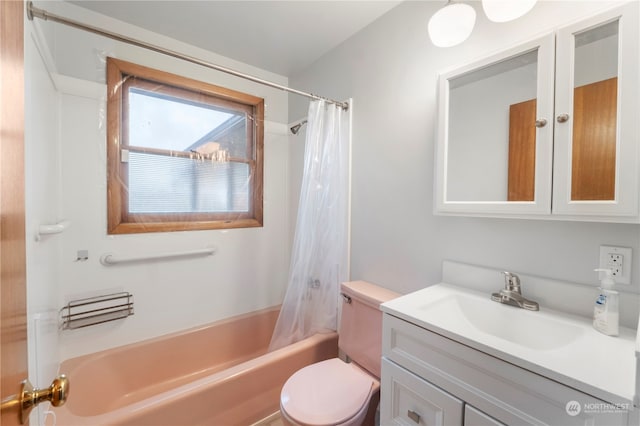 full bathroom featuring vanity, toilet, and shower / bathtub combination with curtain