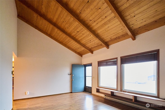 unfurnished room with beam ceiling, wooden ceiling, high vaulted ceiling, and light hardwood / wood-style floors