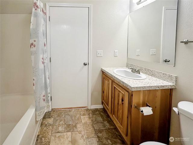 full bathroom with vanity, toilet, and shower / bathtub combination with curtain