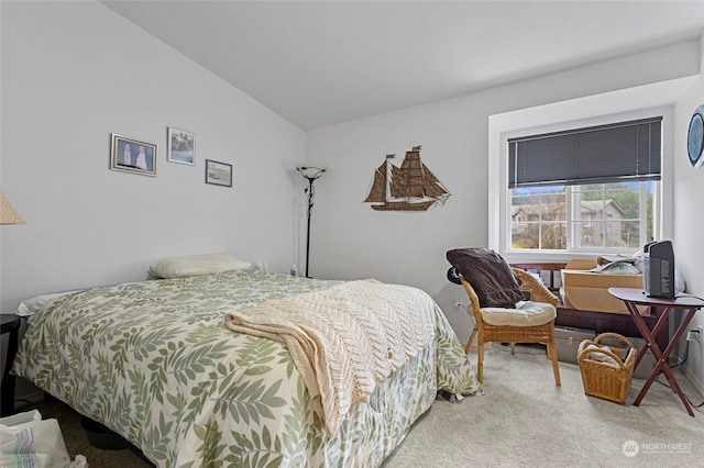 carpeted bedroom with lofted ceiling