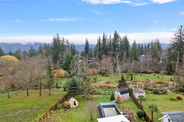 view of yard with a rural view and a storage shed