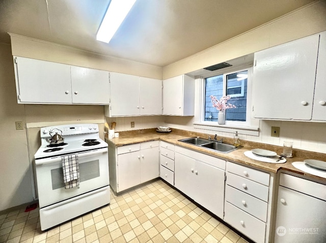 kitchen featuring white cabinetry, white range with electric cooktop, crown molding, and sink