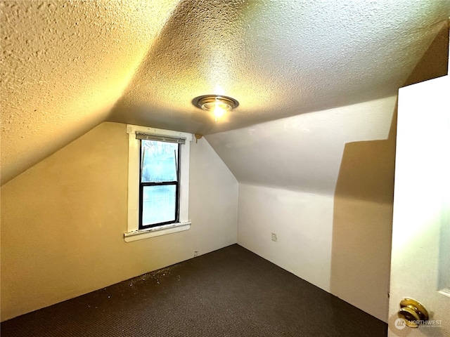 additional living space with lofted ceiling, dark carpet, and a textured ceiling