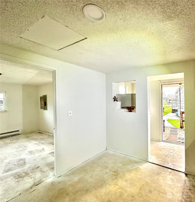 empty room with a textured ceiling and electric panel