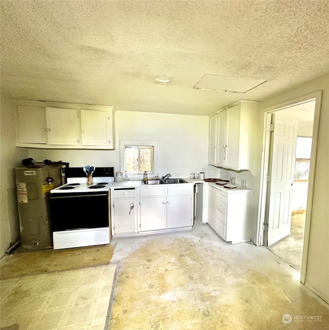 kitchen featuring white range with electric cooktop, sink, white cabinetry, and a textured ceiling