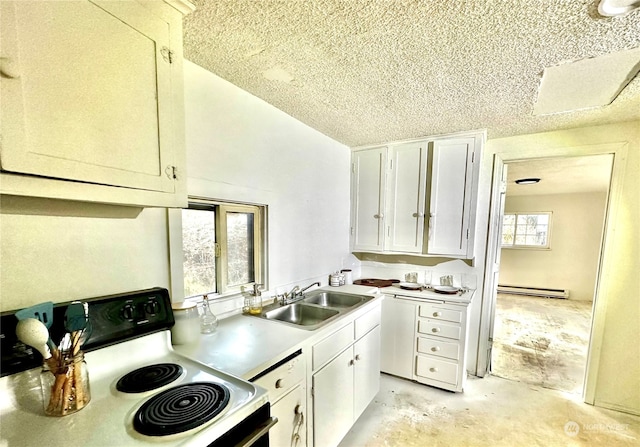 kitchen with white cabinetry, sink, white range, a baseboard heating unit, and a textured ceiling