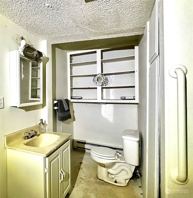 bathroom featuring concrete flooring, a textured ceiling, vanity, and toilet