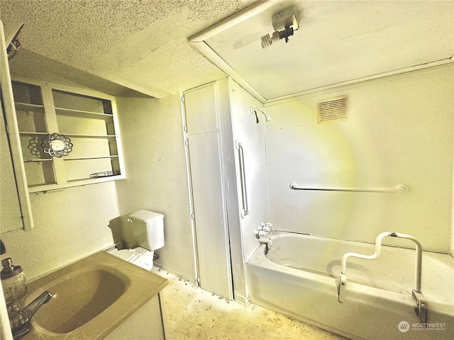 full bathroom featuring shower / bath combination, concrete flooring, vanity, a textured ceiling, and toilet