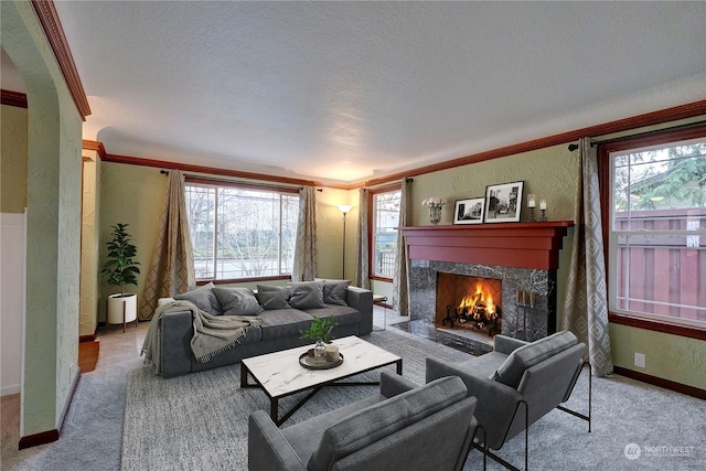 carpeted living room featuring a fireplace, crown molding, and a textured ceiling