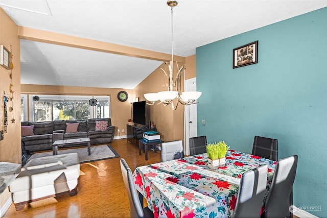 dining room with hardwood / wood-style flooring, vaulted ceiling with beams, and a chandelier