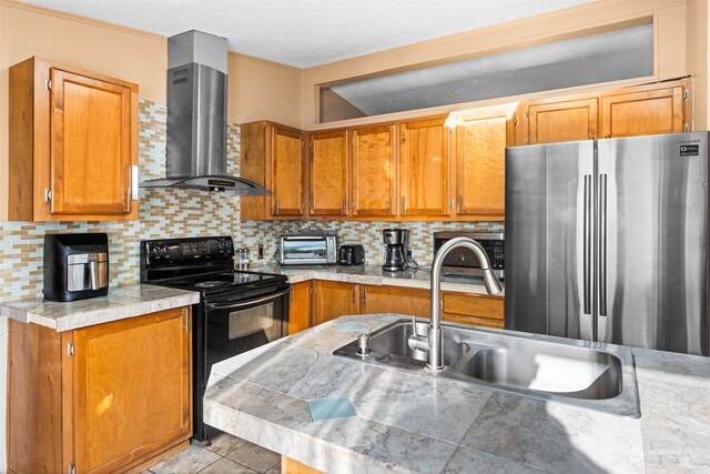 15410 SE 272nd St Unit 16, Kent, WA 98042 - kitchen with freestanding refrigerator, wall chimney range hood, black electric range oven, a sink, and tasteful backsplash