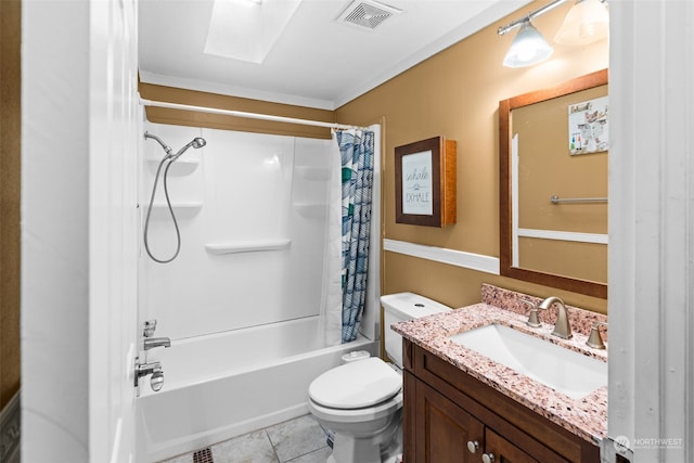 full bathroom with tile patterned floors, vanity, toilet, and shower / bathtub combination with curtain