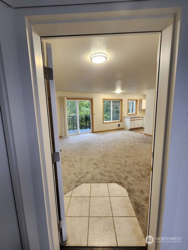 hallway featuring carpet and a textured ceiling