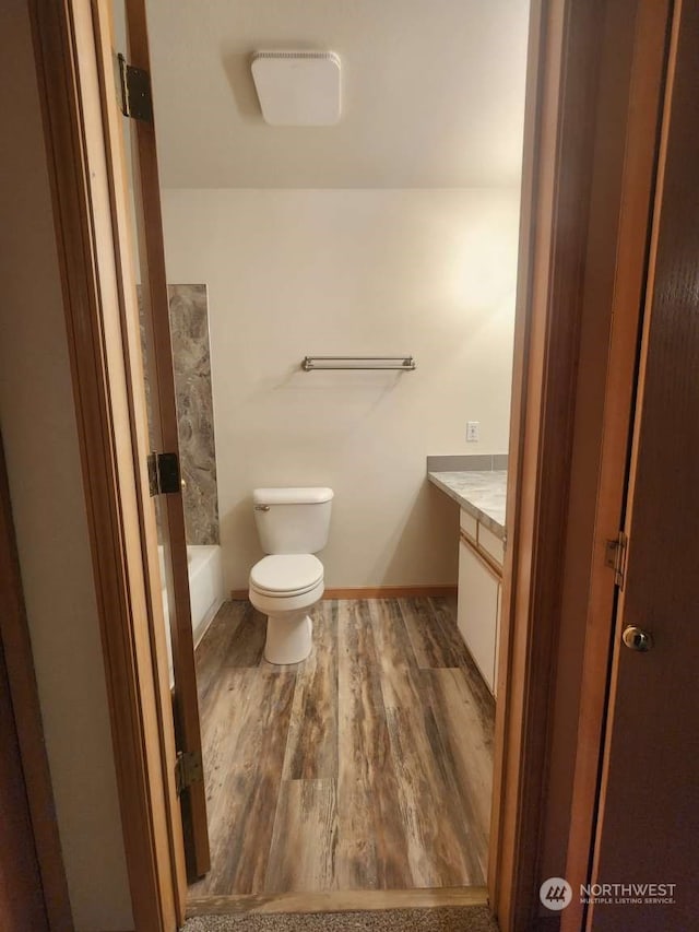 bathroom featuring toilet, vanity, and hardwood / wood-style flooring