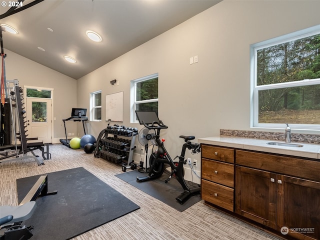 workout room featuring light carpet, lofted ceiling, and sink