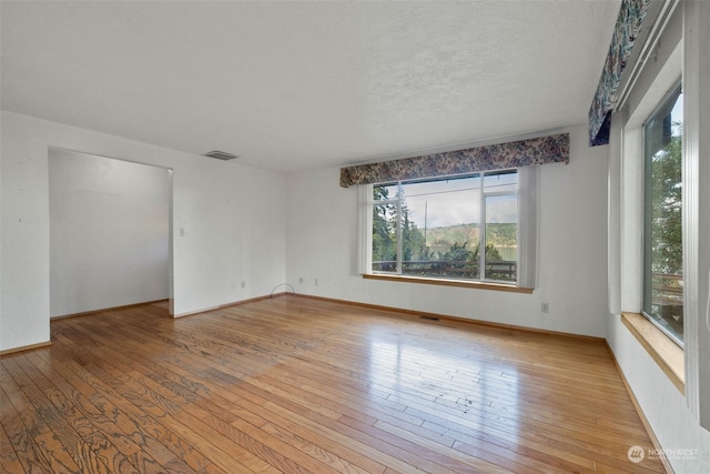 unfurnished room featuring light hardwood / wood-style floors and a textured ceiling