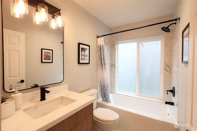 full bathroom featuring vanity, shower / bath combination with curtain, and toilet