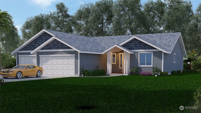 view of front of home featuring a front lawn and a garage