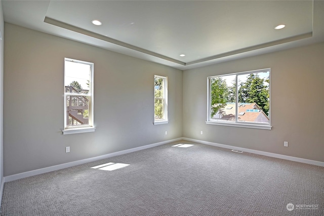 carpeted spare room with a tray ceiling