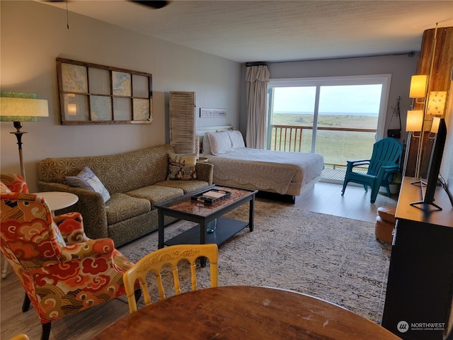 bedroom with light hardwood / wood-style floors and access to outside