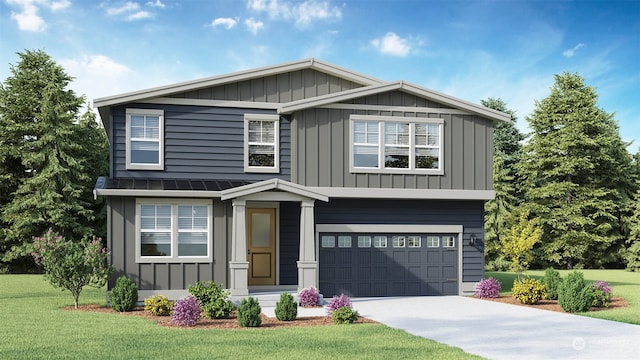 view of front facade featuring a standing seam roof, a front lawn, concrete driveway, a garage, and board and batten siding