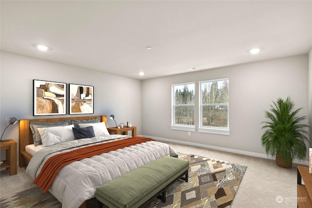 bedroom with recessed lighting, baseboards, and carpet