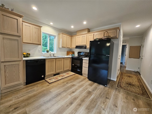 kitchen featuring light hardwood / wood-style floors, light brown cabinets, black appliances, and sink