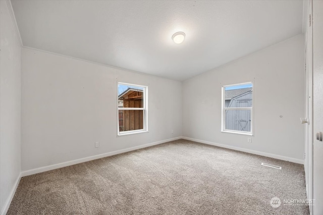 unfurnished room featuring carpet and ornamental molding