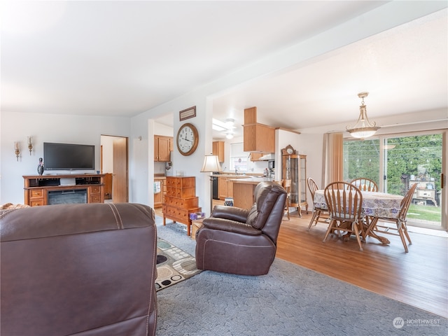 living room featuring ceiling fan and light hardwood / wood-style floors