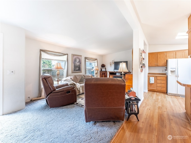 living room featuring vaulted ceiling and light hardwood / wood-style flooring